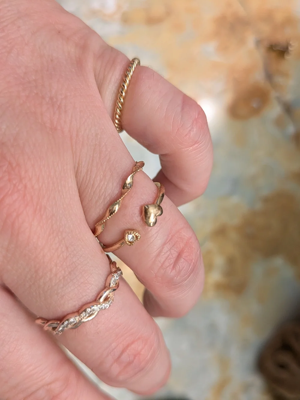Delicate Gold Tone Stackable Heart & Twist Rings